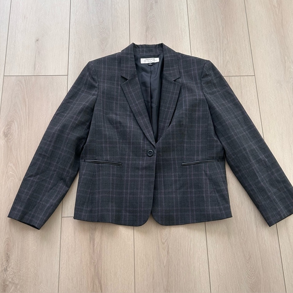 Tahari Gray Pink Plaid One Button Pocket Blazer Elbow Patch Levine 16 Petite - Picture 2 of 9
